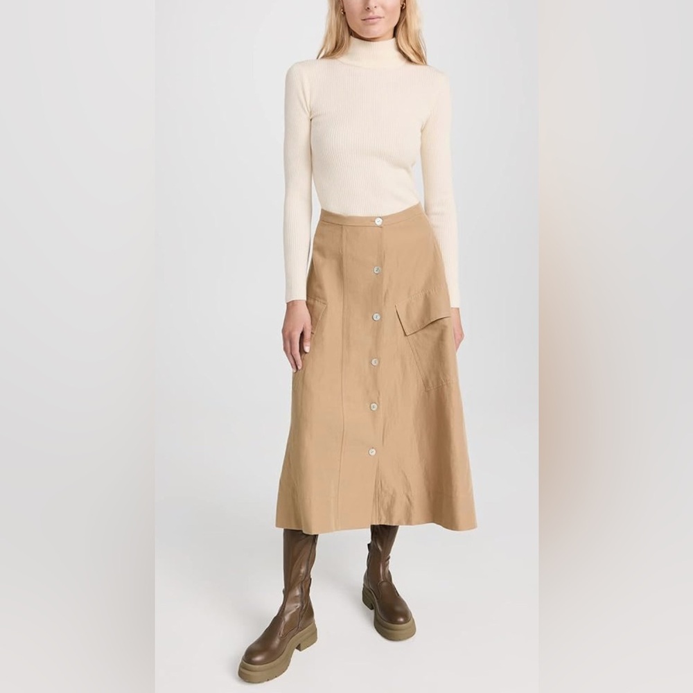 Vince Utility Cargo Midi Linen Cotton Skirt Button Front Sandshell Beige Size 4